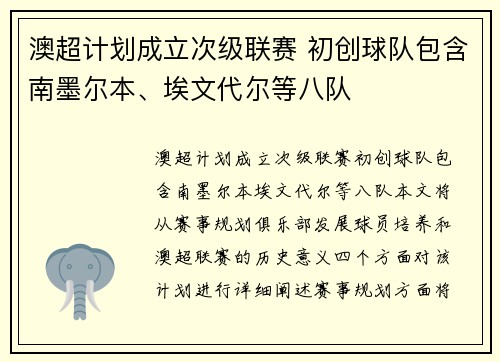 澳超计划成立次级联赛 初创球队包含南墨尔本、埃文代尔等八队